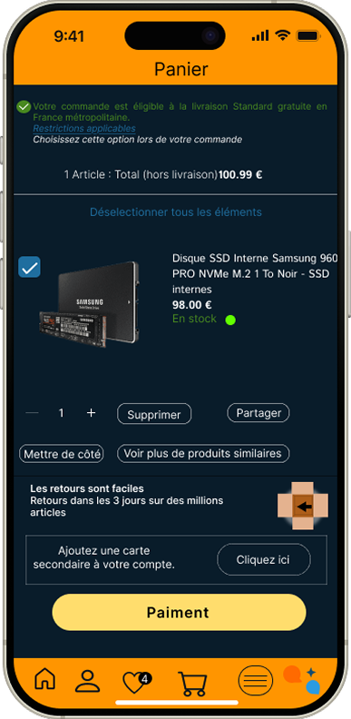 Écran checkout Amazon redesign en mode nuit